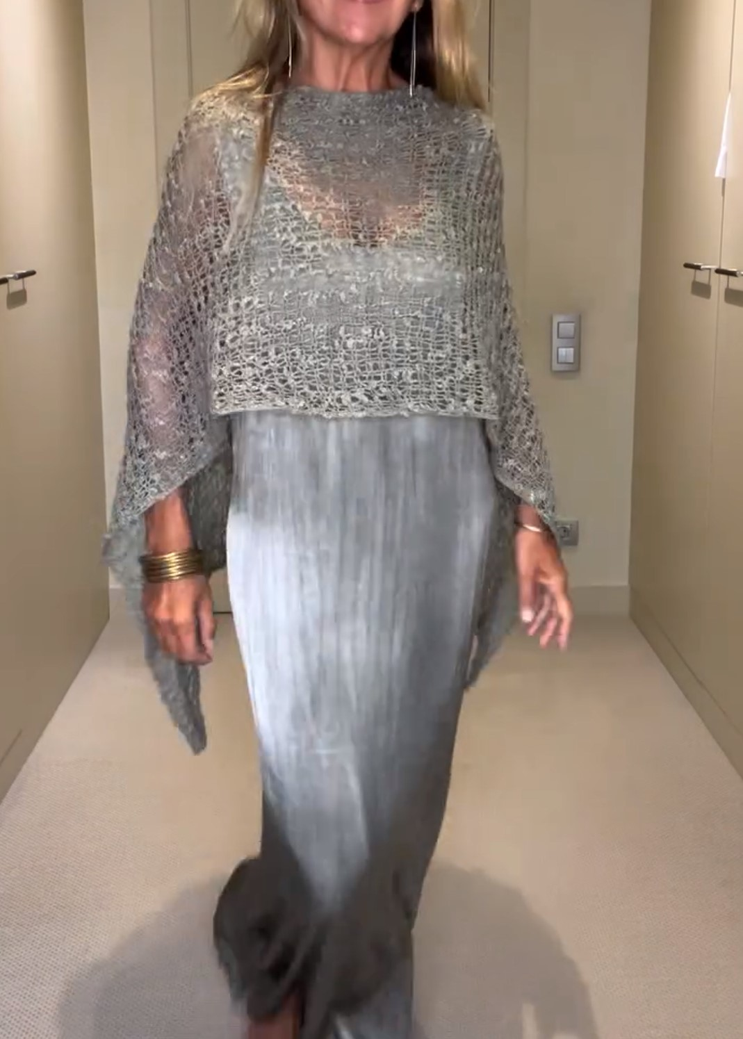 Open Knit Cape Overlay Pleated Maxi Dress