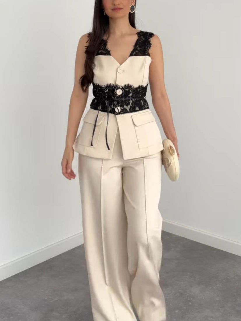 Elegant Lace Panel Sleeveless Vest & Wide-Leg Pants Set-Likemychoice