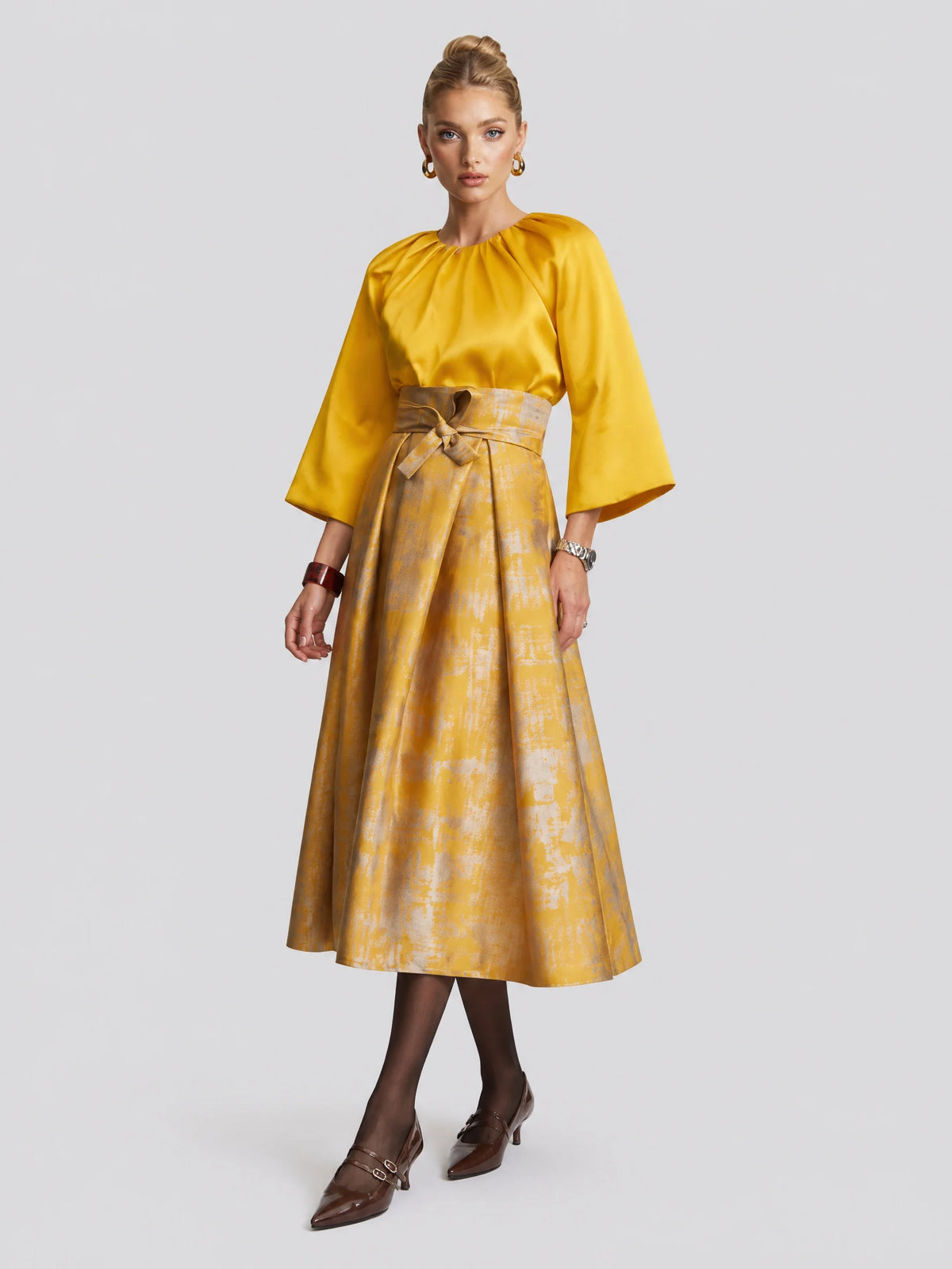 Elegant Yellow Satin Long Sleeve Blouse and Jacquard Belted Midi Skirt Set