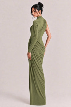 Elegant Asymmetrical One-Sleeve Draped Maxi Dress