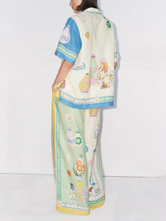 Exquisite Vintage Court Painted Print Wide Leg Pants