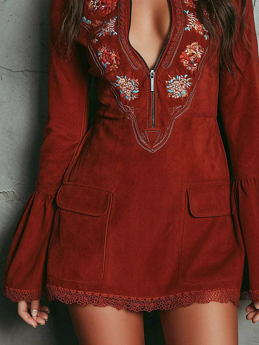 Vintage Puff Sleeve Embroidered Velvet Lace Mini Dress