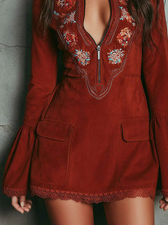 Vintage Puff Sleeve Embroidered Velvet Lace Mini Dress