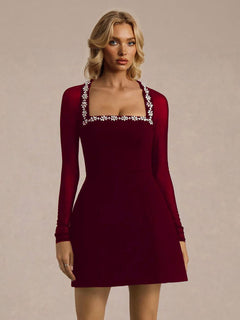 Elegant Crystal-embellished Mesh Sleeve Mini Dress