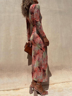Charm Lady Mesh Overlay Tie Dye Print Long Sleeve Ruched Stretch Midi Dress