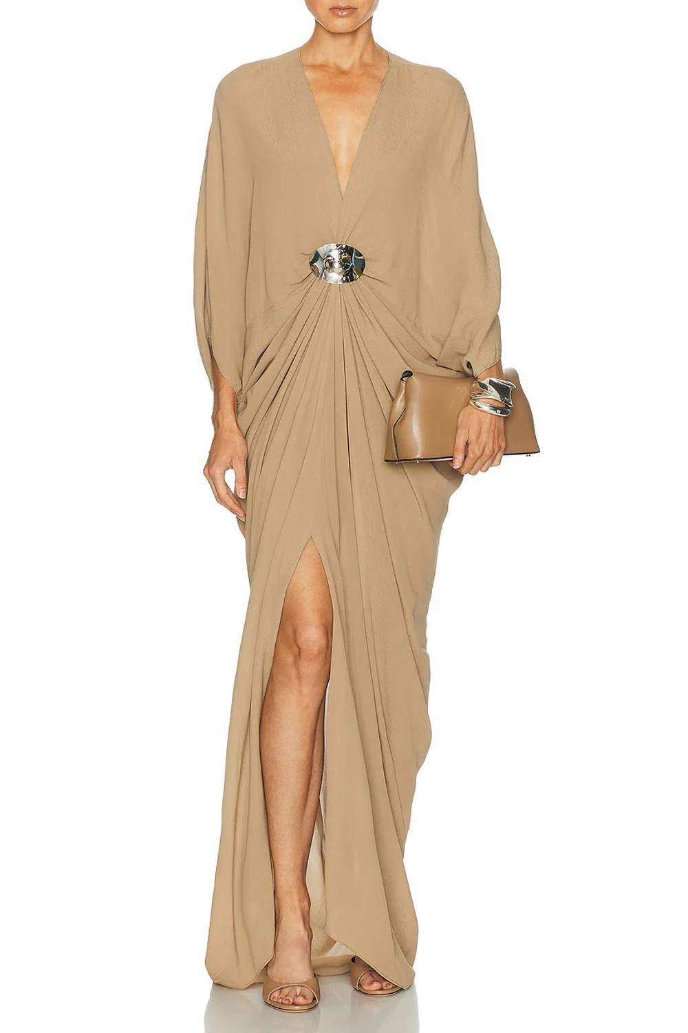Deep V Batwing Sleeve Metal Buckle Draped Slit Maxi Dress