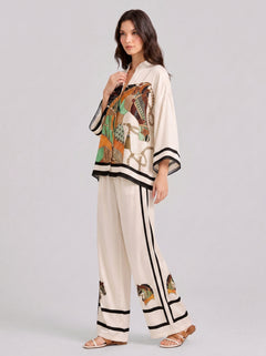 V-Neck Horse Pattern Satin Suit Pants Two-Piece Set