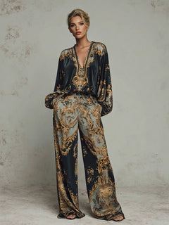 Retro Baroque Print High-Waisted Wide-Leg Pants
