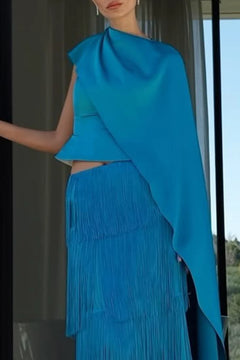 One Shoulder Cape Top and Tiered Fringe Maxi Skirt Two Piece Set [erp-image:91e585fd4773c855d3861aee]