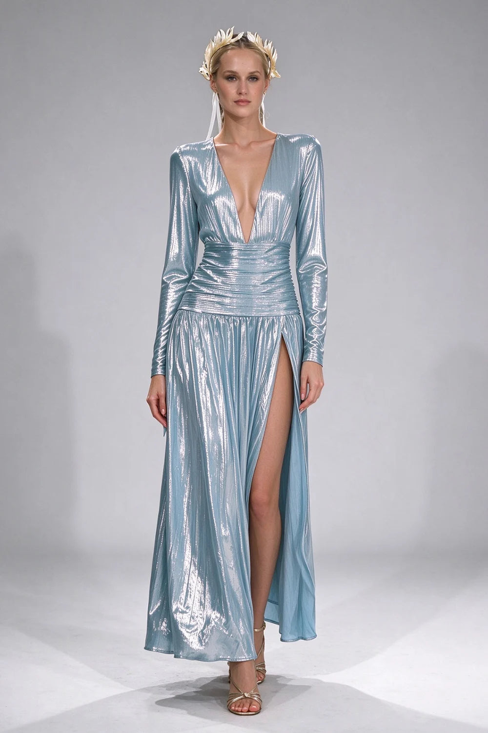 Metallic Light Blue Plunging V-Neck Long Sleeve High Slit Evening Maxi Dress [erp-image:0bf4047f5ecb1d162d5f5286]