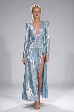 Metallic Light Blue Plunging V-Neck Long Sleeve High Slit Evening Maxi Dress [erp-image:0bf4047f5ecb1d162d5f5286]