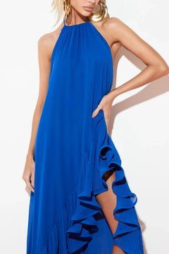 Royal Blue Halter Neck High Low Pleated Ruffle Maxi Dress [erp-image:d8debb07715edec11b311e44]