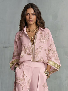 Elegant Butterfly Print Wide-Leg Pants