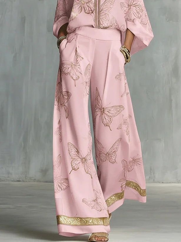 Elegant Butterfly Print Wide-Leg Pants