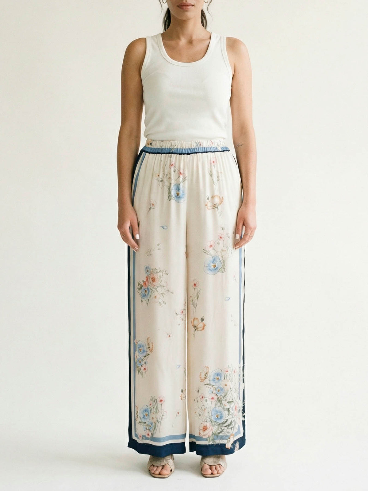 Exquisite Satin Print High-Waist Wide-Leg Pants