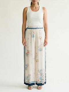 Exquisite Satin Print Batwing Sleeve Wide-Leg Pants Two-Piece Set