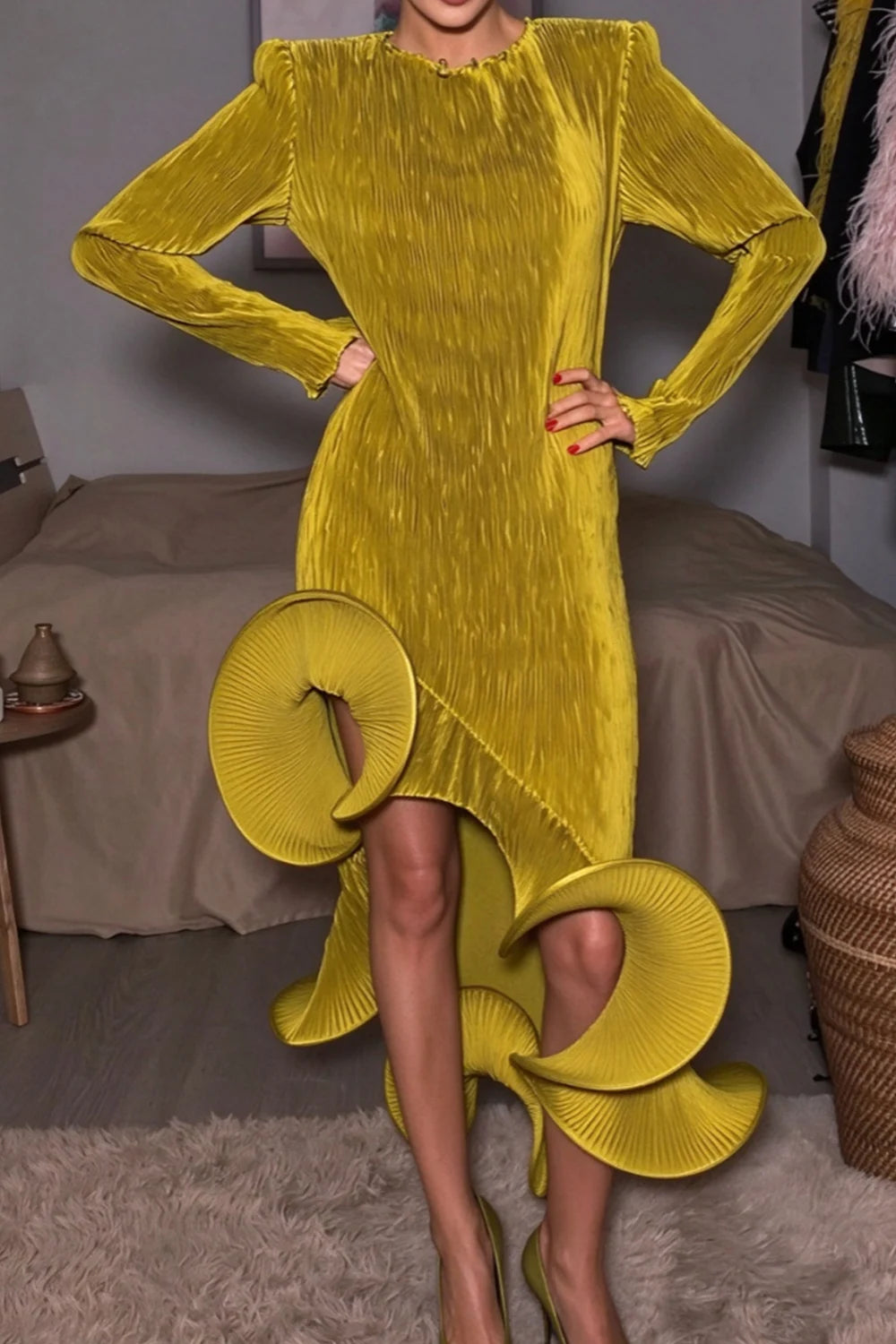 Long Sleeve Pleated High Low Dress with Sculptural Ruffle Hem [erp-image:a6bd24b8c52c846e9ad072b2]