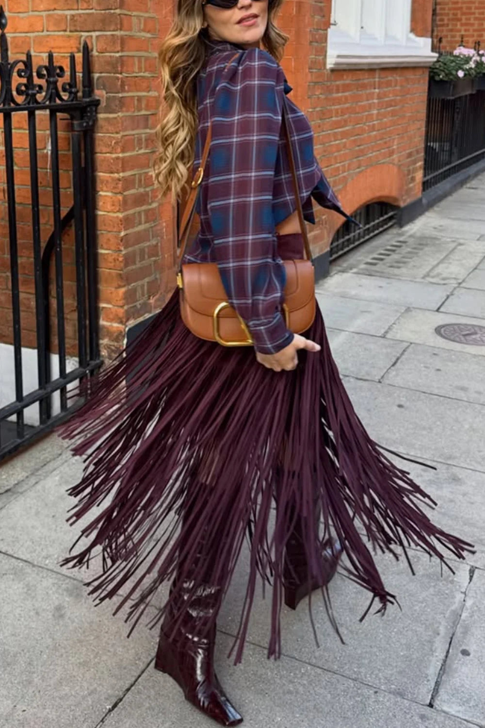 Plaid Bow Tie Blouse and Fringe Maxi Skirt Two Piece Set [erp-image:bff7f7701554770bd2efe9fa]