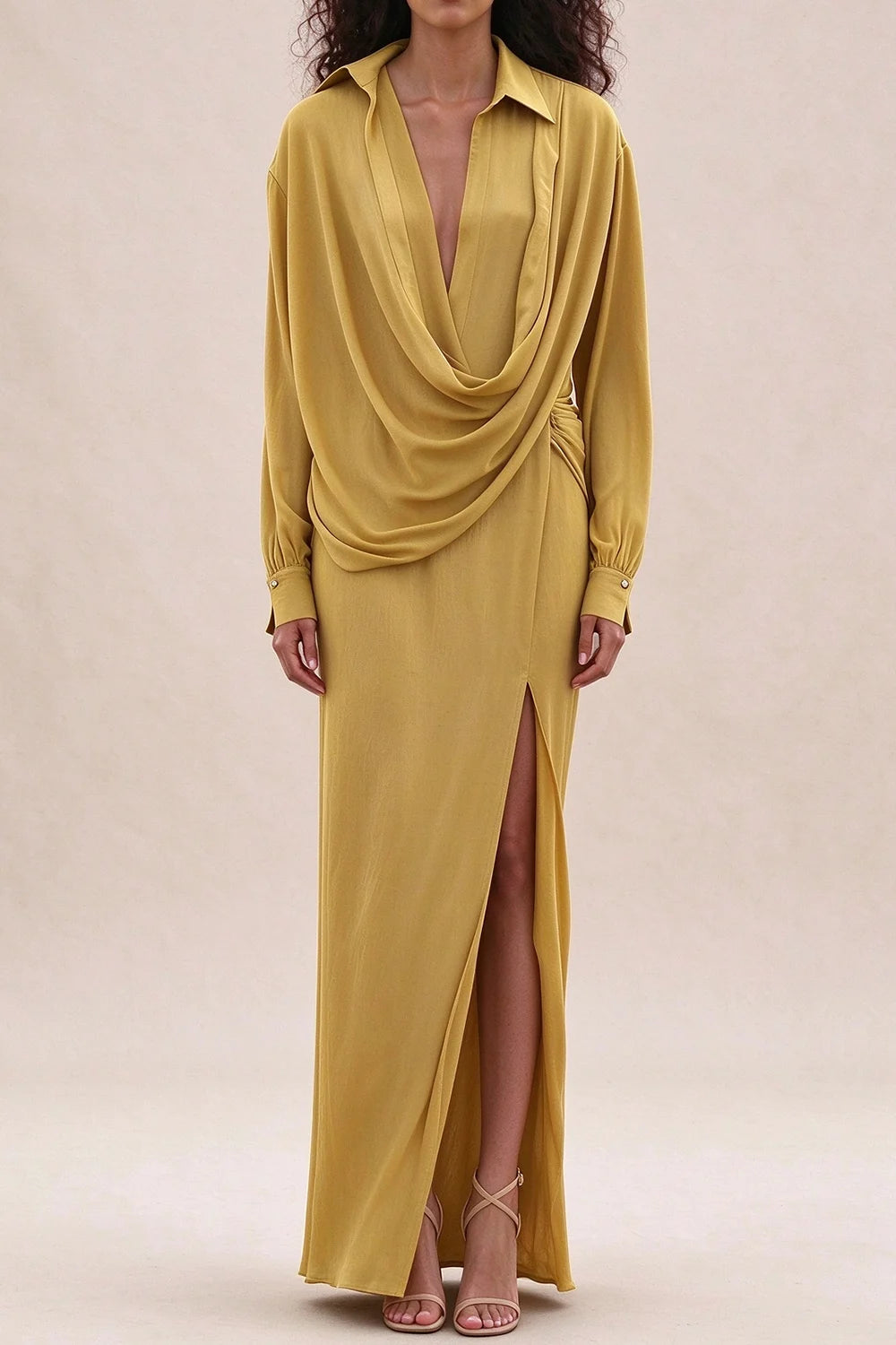 Mustard Yellow Draped Cowl Neck Long Sleeve Maxi Dress with Slit [erp-image:f32e85f49656f54793268948]