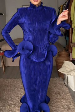 Royal Blue Pleated Peplum Top and Ruffled Midi Skirt Two-Piece Set [erp-image:811e90c5c17fe64cf79ef2d1]
