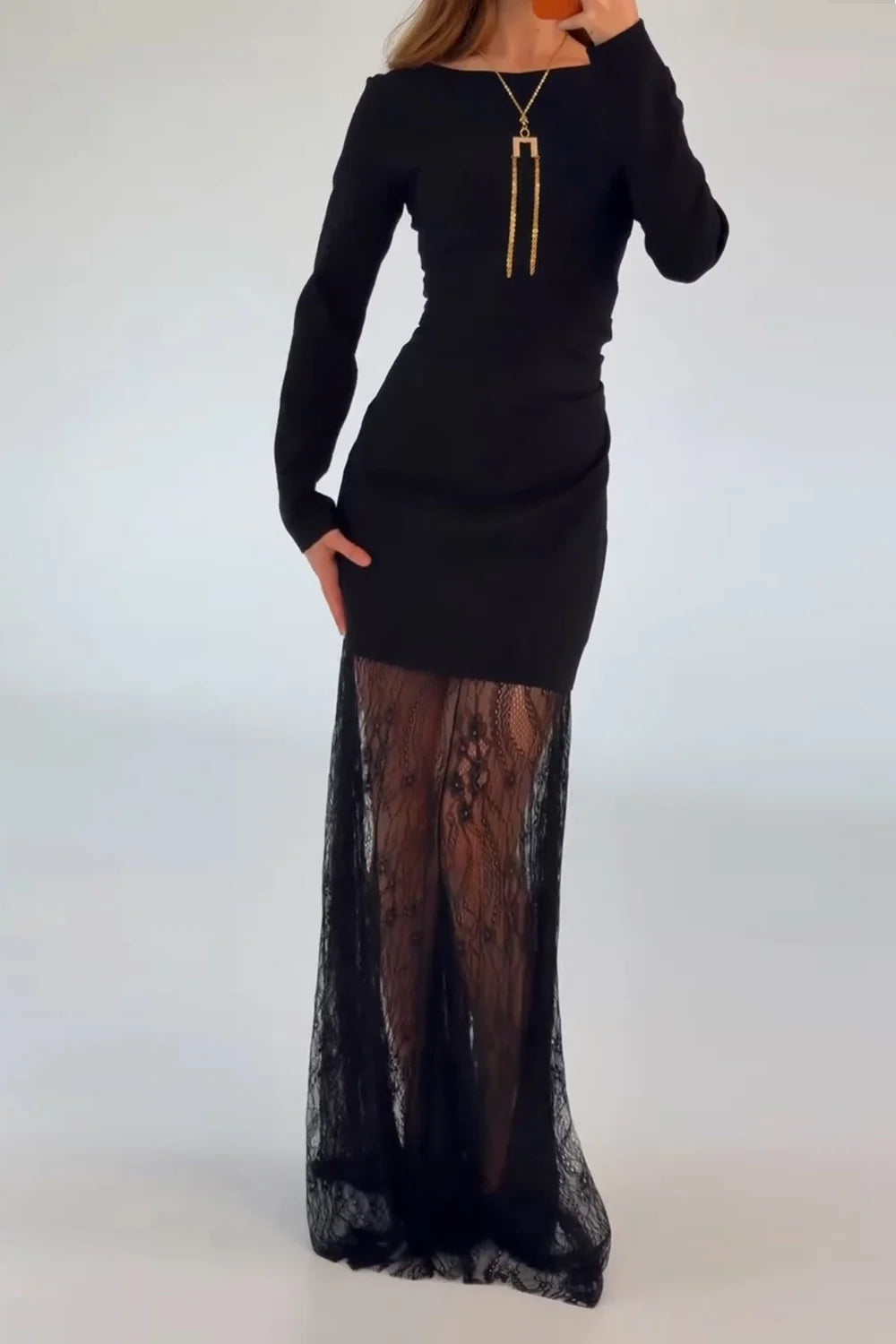 Black Long Sleeve Boat Neck Bodycon Maxi Dress with Sheer Lace Hem [erp-image:333491767d39e568d8c04d1f]