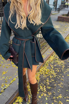 Women's Dark Green Belted Wrap Coat with Contrast Trim and Wide Sleeves [erp-image:da0b2b3e0b7bc69cbfbe8be2]