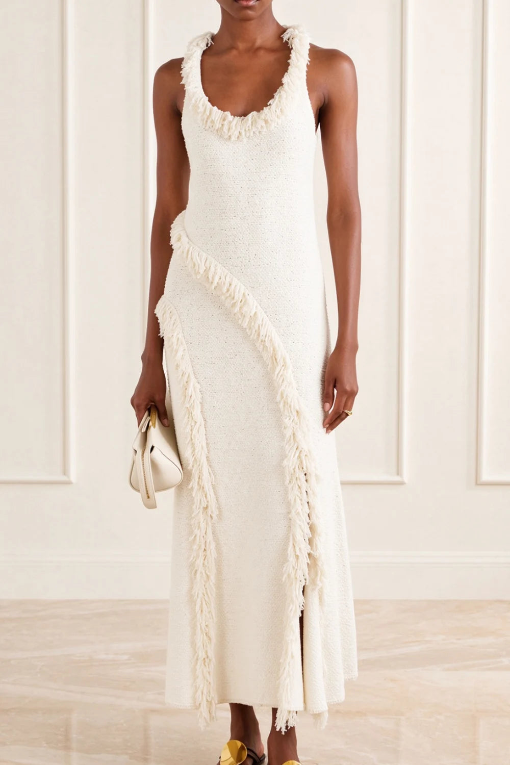 White Tweed Knit Scoop Neck Sleeveless Fringe Trim Slit Maxi Dress [erp-image:73b7162b8770b92d951b4932]