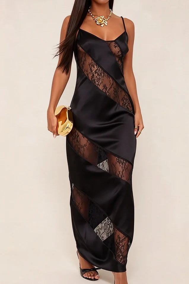 Black Satin V-Neck Maxi Slip Dress with Diagonal Sheer Lace Inset Panels [erp-image:40e29b880ce88363ad827ed8]
