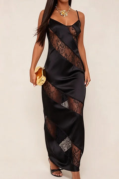 Black Satin V-Neck Maxi Slip Dress with Diagonal Sheer Lace Inset Panels [erp-image:40e29b880ce88363ad827ed8]