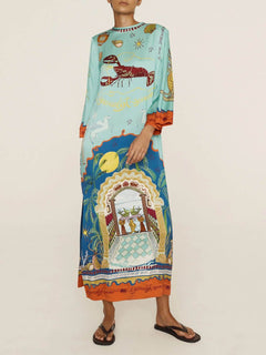 Exquisite Satin Unique Print Long-sleeve Tie-waist Slit Maxi Dress