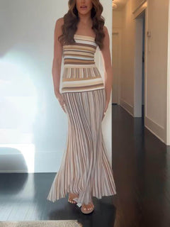 Exquisite Strapless Striped Printed Pleated Maxi Dress