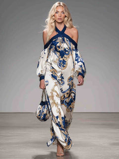 Retro Off-shoulder Printed Satin Maxi Dress