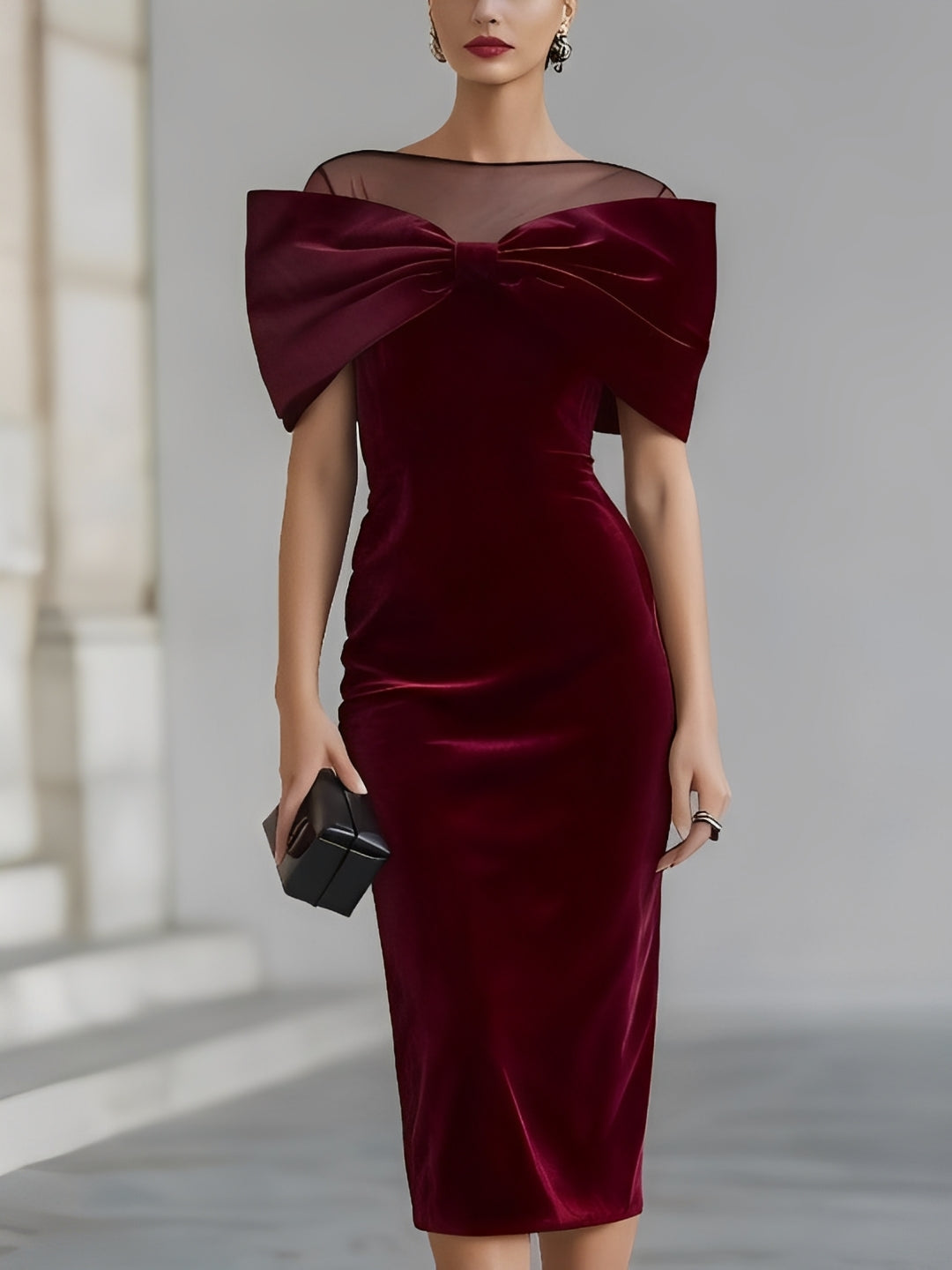Elegant Bow-Detail Sheer Neckline Midi Dress