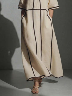 Minimalist Beige Linen Black Piping Midi Dress