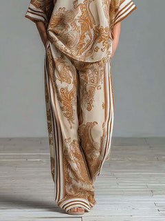 Bohemian Paisley Print Top & Wide-Leg Pants Two-Piece Set