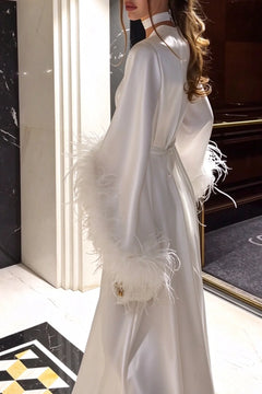 White Satin Plunge V-Neck Feather Cuff Slit Long Sleeve Maxi Dress [erp-image:7fee89152108c7c2676a9db1]