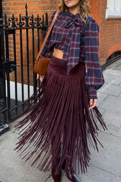 Plaid Bow Tie Blouse and Fringe Maxi Skirt Two Piece Set [erp-image:883bf421ffac2ced311c0a4b]