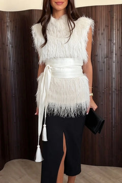 Feather Sleeveless Sweater Top and Front Slit Midi Skirt Two Piece Set [erp-image:06e171db1a213b5af3fe4e2f]