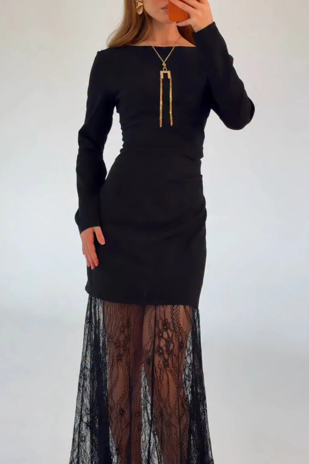 Black Long Sleeve Boat Neck Bodycon Maxi Dress with Sheer Lace Hem [erp-image:46bfd8aad68fef532630dbac]