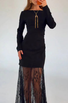 Black Long Sleeve Boat Neck Bodycon Maxi Dress with Sheer Lace Hem [erp-image:46bfd8aad68fef532630dbac]