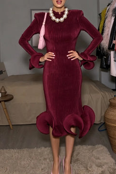 Burgundy Pleated High Neck Long Sleeve Fluted Cuff Maxi Dress [erp-image:6c9e92ecf34883bb5deeced7]