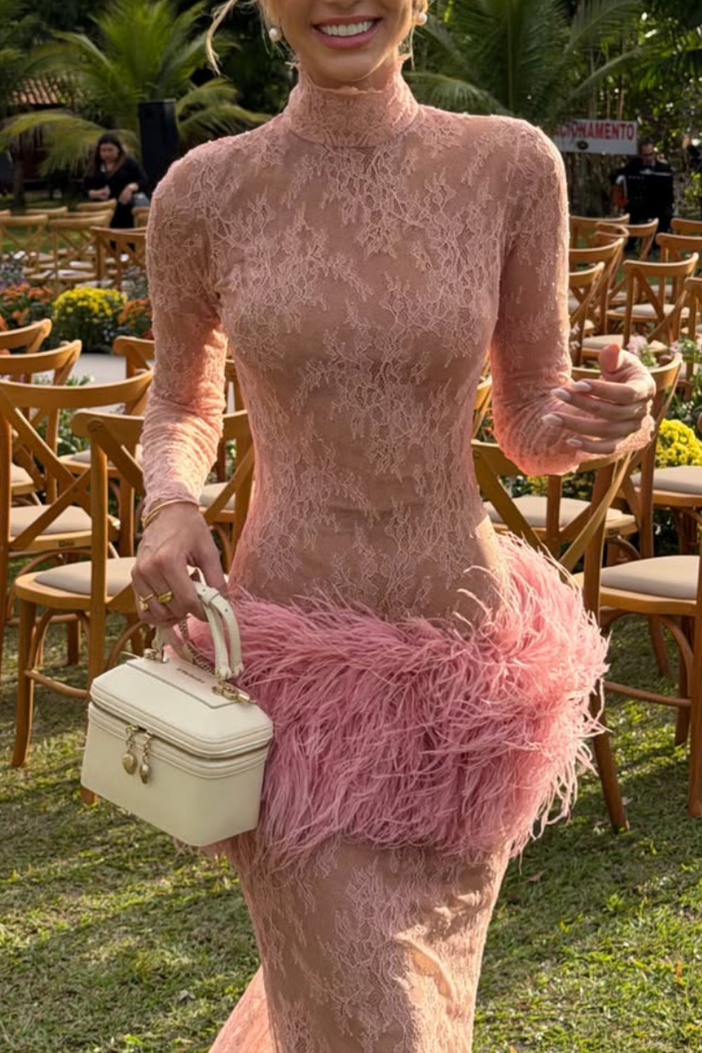 Lace Long Sleeve Feather Trim Maxi Evening Dress
