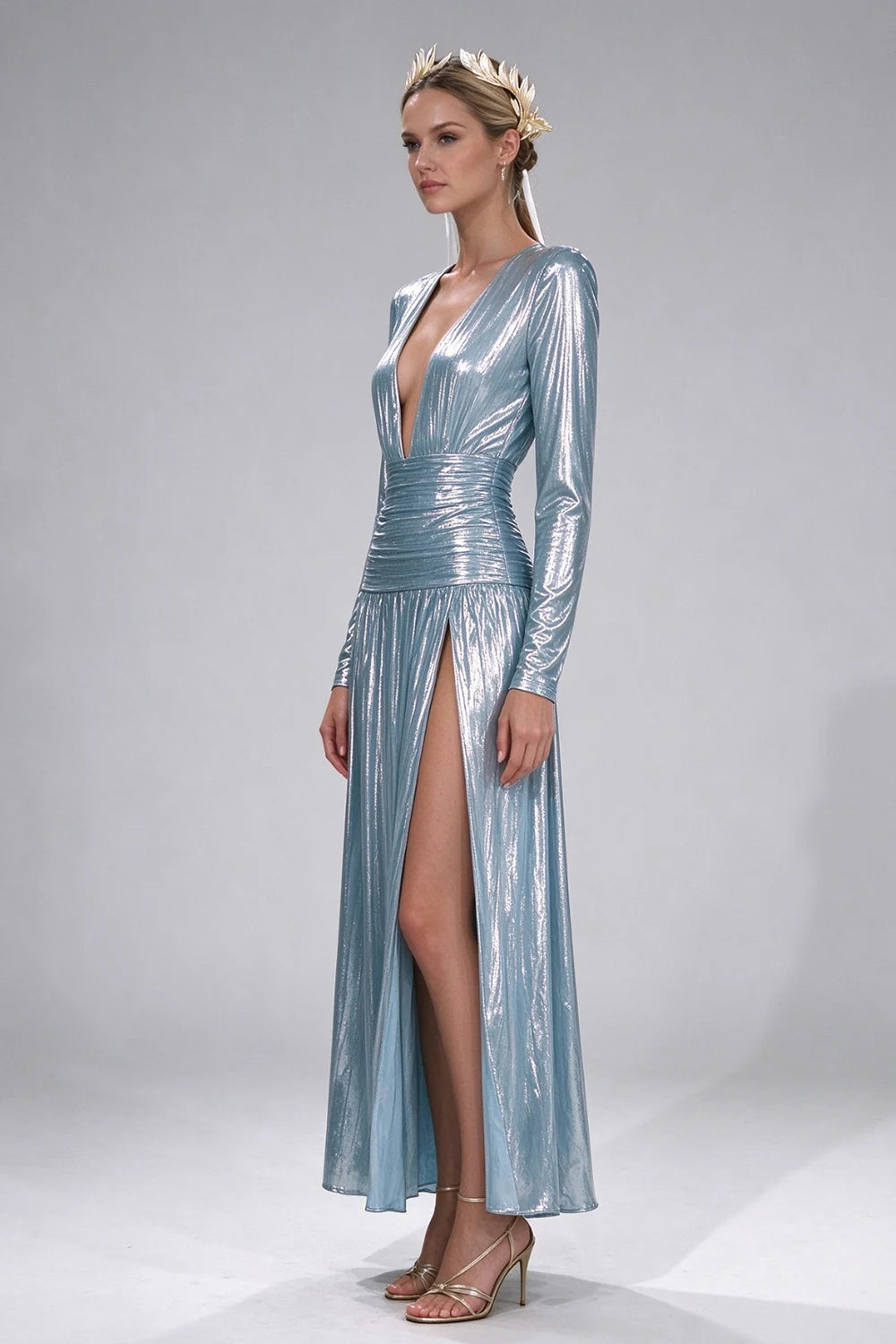 Metallic Light Blue Plunging V-Neck Long Sleeve High Slit Evening Maxi Dress [erp-image:893f26ec8ec1410f265a22f9]