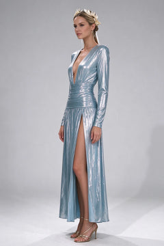 Metallic Light Blue Plunging V-Neck Long Sleeve High Slit Evening Maxi Dress [erp-image:893f26ec8ec1410f265a22f9]