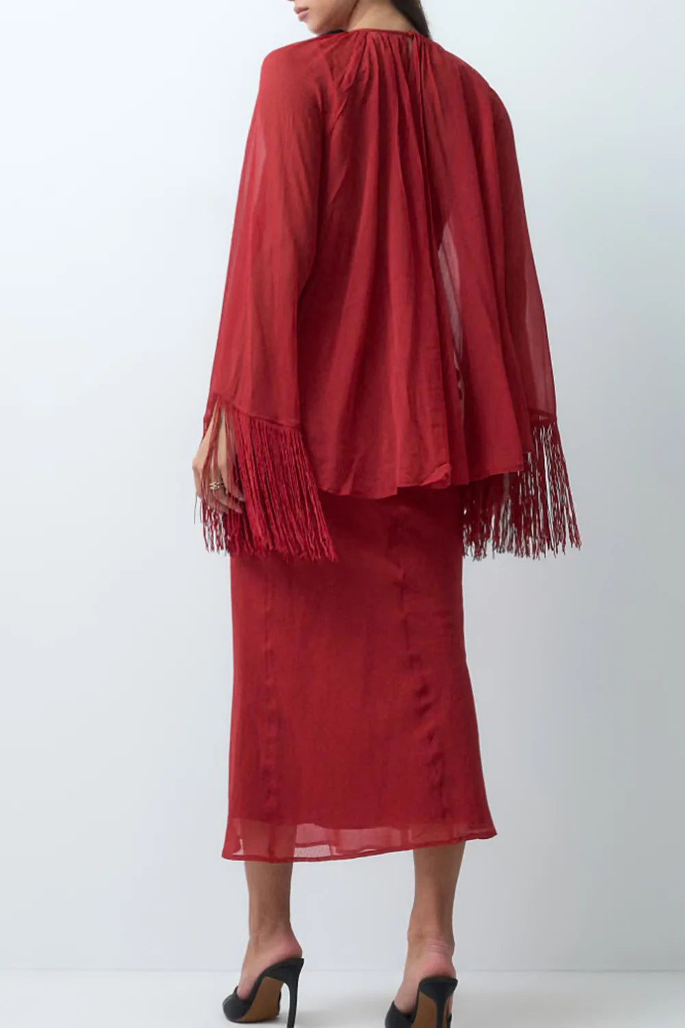 Red Fringe Capelet Top and Slip Midi Dress Two Piece Set [erp-image:7feecf2572b271d023850bce]