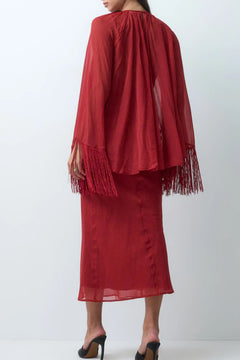Red Fringe Capelet Top and Slip Midi Dress Two Piece Set [erp-image:7feecf2572b271d023850bce]
