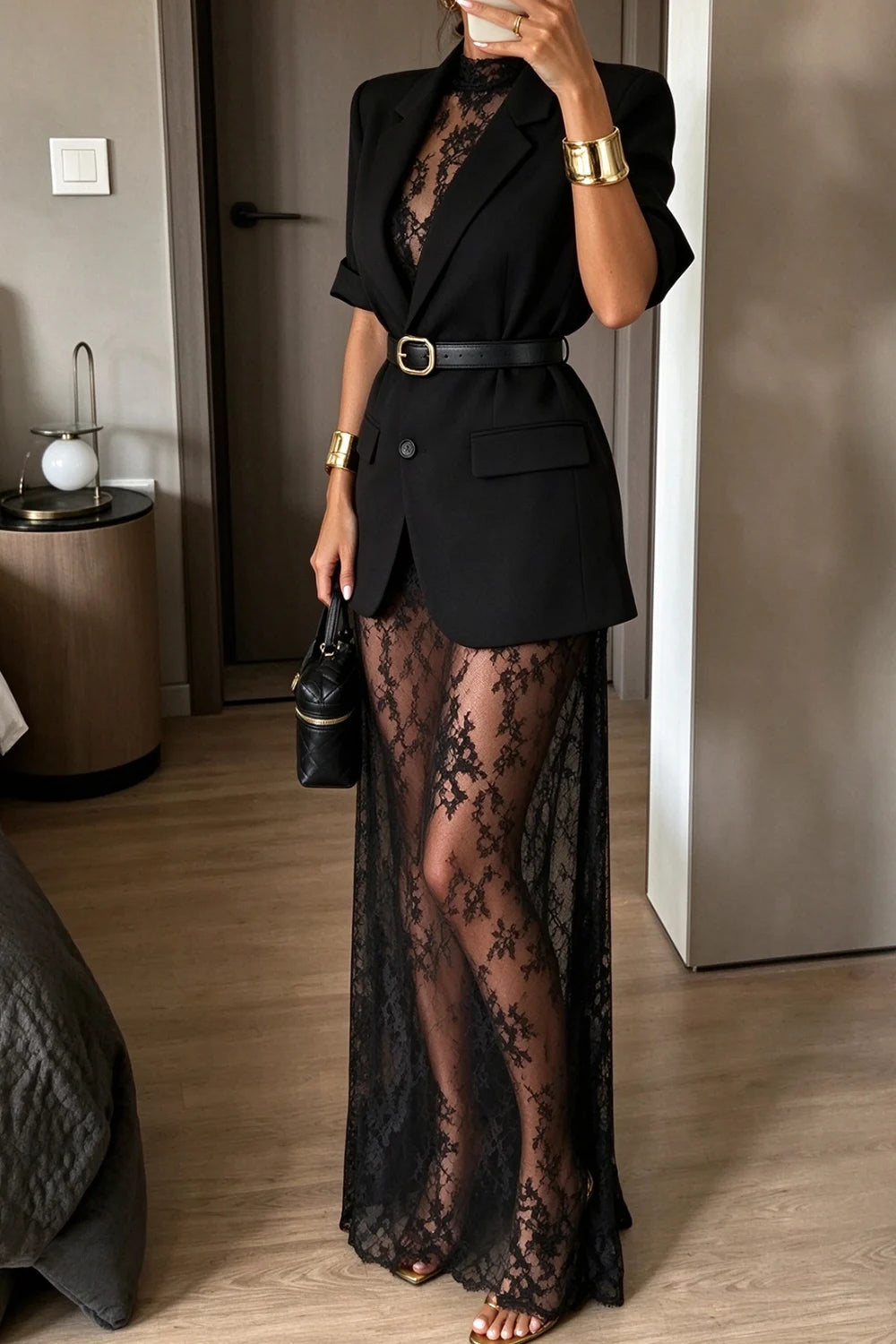 Black Short Sleeve Blazer Jacket and Sheer Lace Maxi Dress Two Piece Set [erp-image:2b9dc8d962b633a712cb8690]