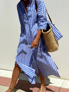 Splendor Stripes Printed Button Half Sleeve Belt Shirt Midi Dress-Likemychoice