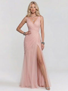Elegant V-Neck Ruched Tulle High Slit Maxi Dress