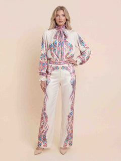 Exquisite Paisley Print Satin Wide-Leg Pants
